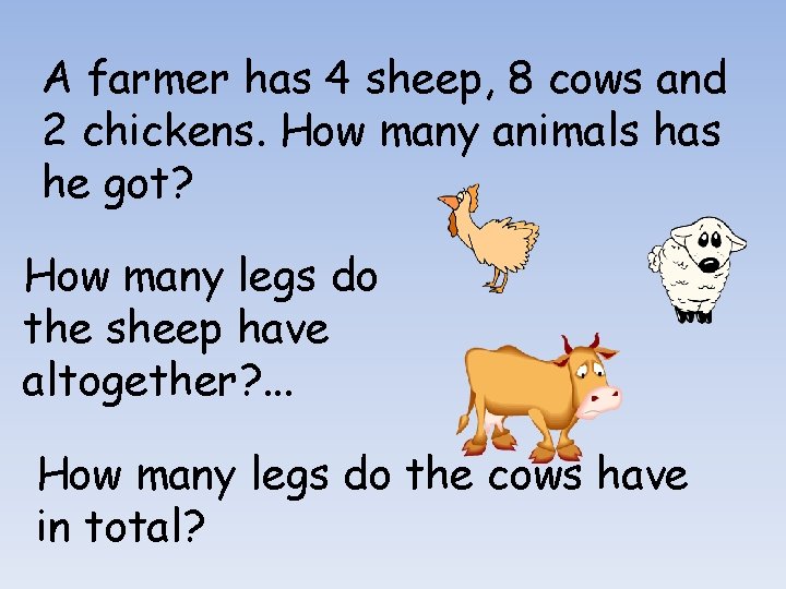 A farmer has 4 sheep, 8 cows and 2 chickens. How many animals has