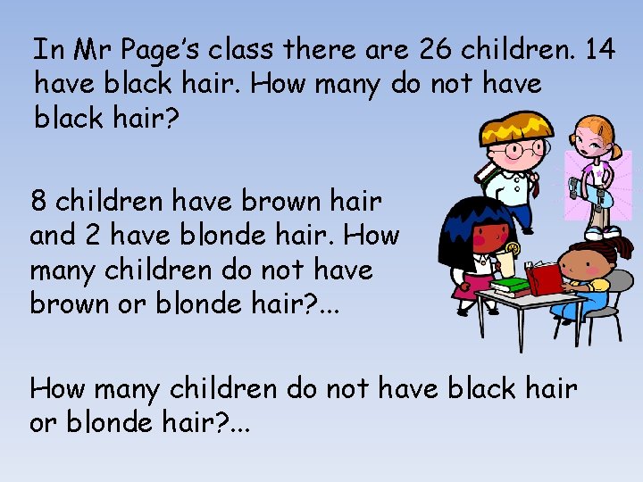 In Mr Page’s class there are 26 children. 14 have black hair. How many