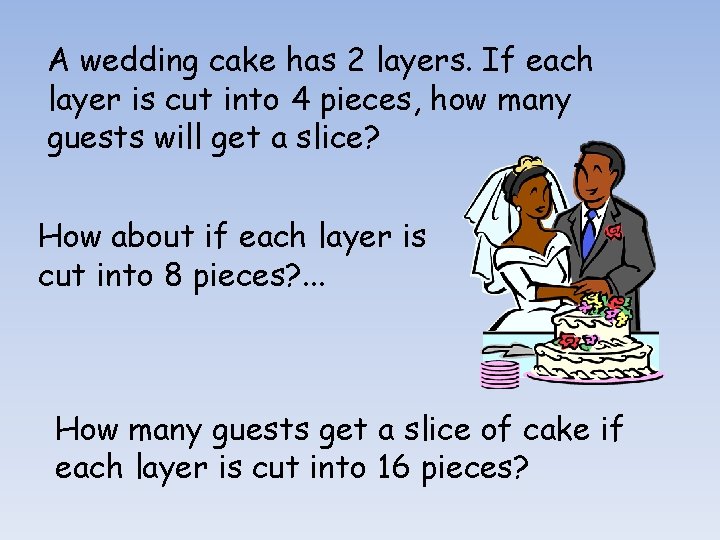 A wedding cake has 2 layers. If each layer is cut into 4 pieces,