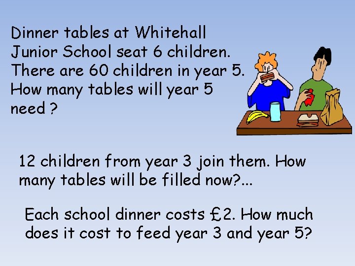 Dinner tables at Whitehall Junior School seat 6 children. There are 60 children in