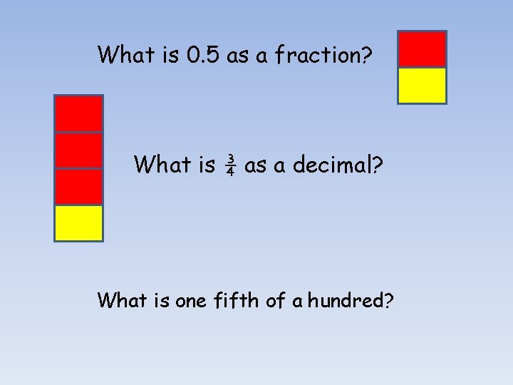 What is 0. 5 as a fraction? What is ¾ as a decimal? What