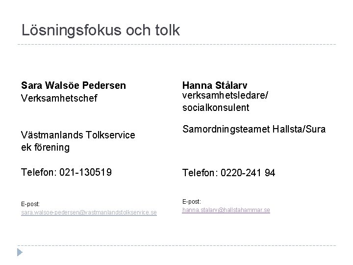 Lösningsfokus och tolk Sara Walsöe Pedersen Verksamhetschef Västmanlands Tolkservice ek förening Hanna Stålarv verksamhetsledare/