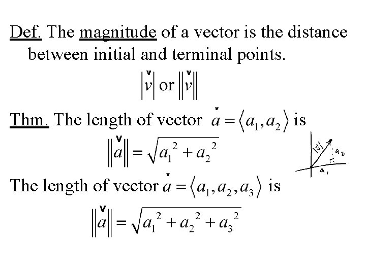 Def. The magnitude of a vector is the distance between initial and terminal points. Def. The magnitude of a vector is the distance between initial and terminal points.