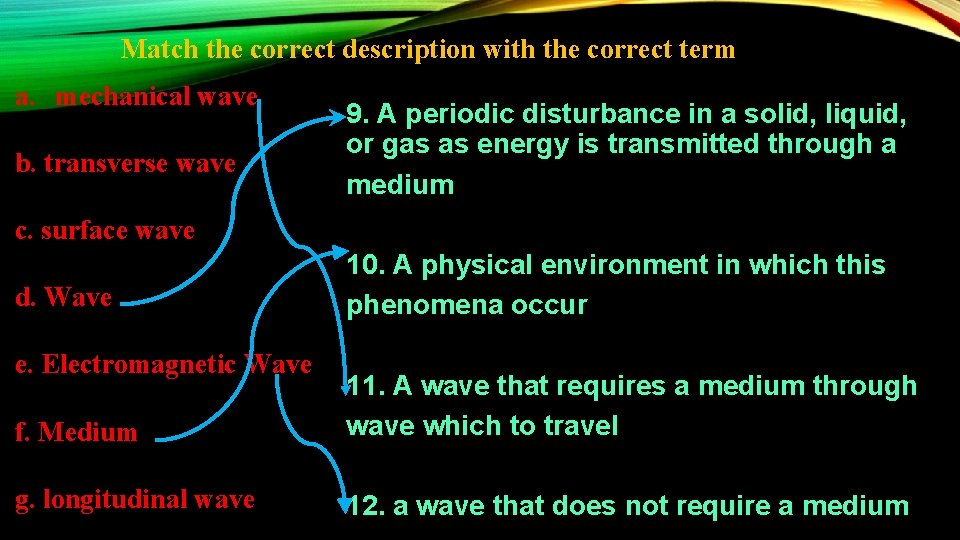 Match the correct description with the correct term a. mechanical wave b. transverse wave