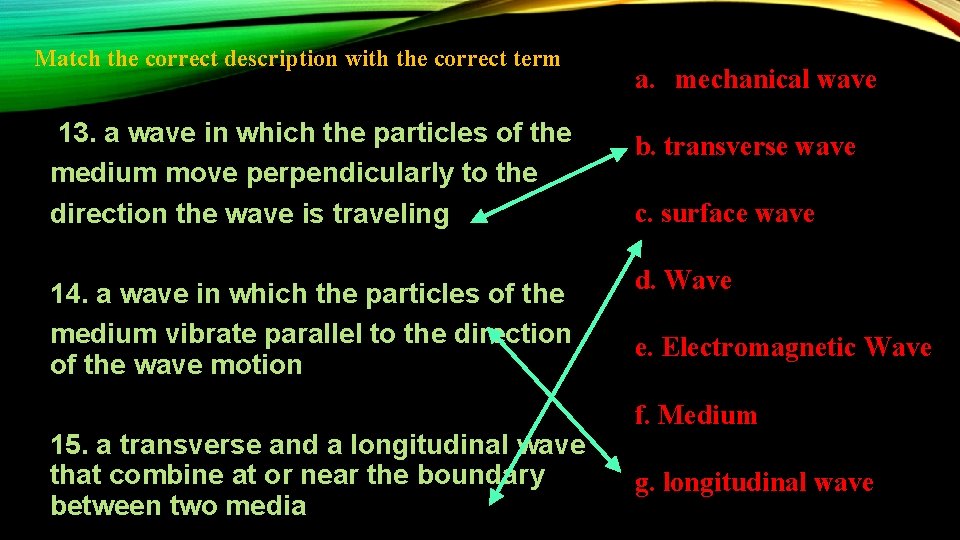 Match the correct description with the correct term a. mechanical wave 13. a wave