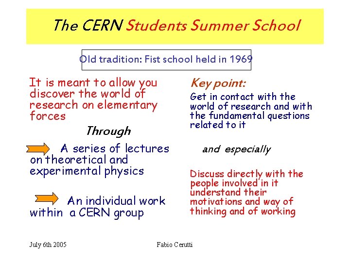 The CERN Students Summer School Old tradition: Fist school held in 1969 It is