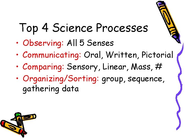 Top 4 Science Processes • • Observing: All 5 Senses Communicating: Oral, Written, Pictorial