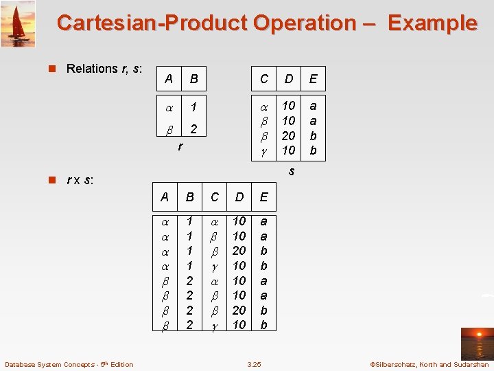 Cartesian-Product Operation – Example n Relations r, s: A B C D E 1