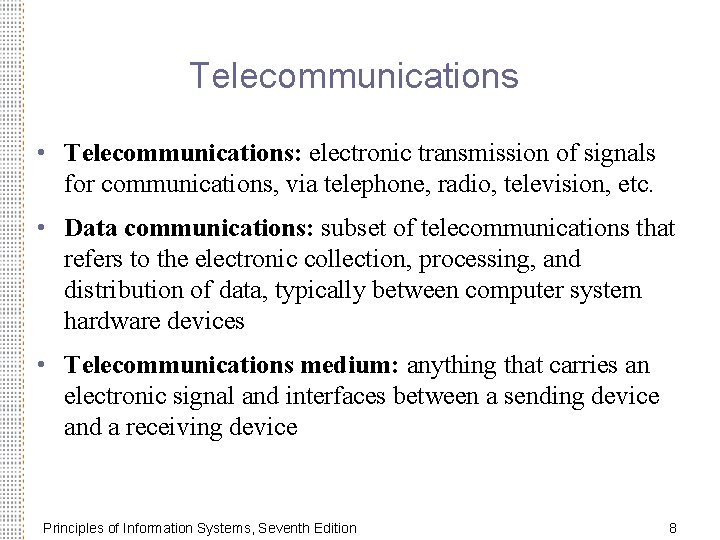 Telecommunications • Telecommunications: electronic transmission of signals for communications, via telephone, radio, television, etc.