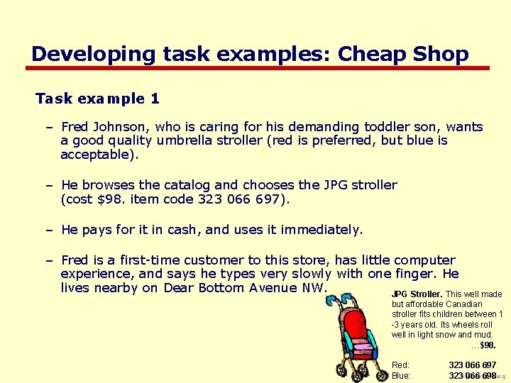 Developing task examples: Cheap Shop Task example 1 – Fred Johnson, who is caring