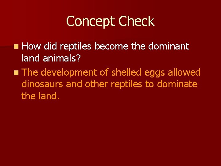 Concept Check n How did reptiles become the dominant land animals? n The development