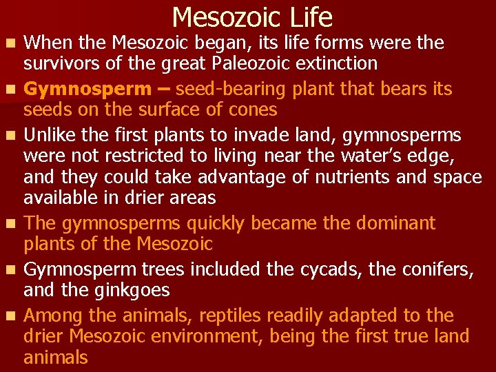 Mesozoic Life n n n When the Mesozoic began, its life forms were the