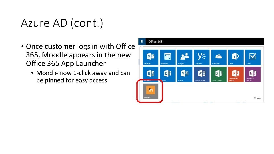 Azure AD (cont. ) • Once customer logs in with Office 365, Moodle appears