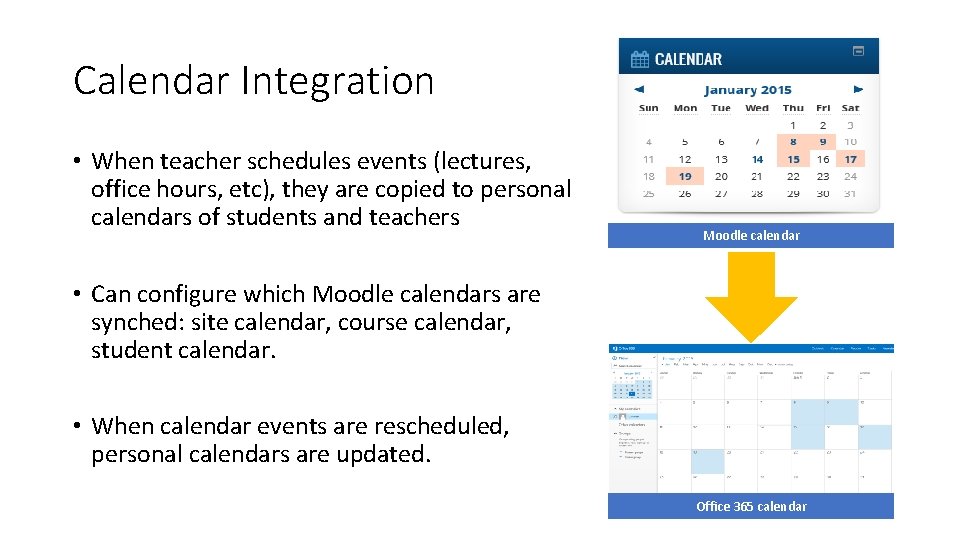 Calendar Integration • When teacher schedules events (lectures, office hours, etc), they are copied