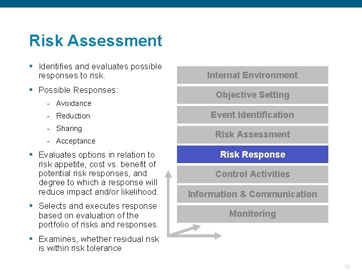 Risk Assessment § Identifies and evaluates possible responses to risk. § Possible Responses: Internal