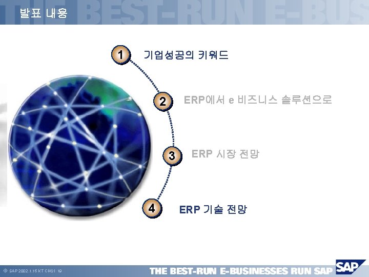 발표 내용 1 기업성공의 키워드 ERP에서 e 비즈니스 솔루션으로 2 3 4 ã SAP