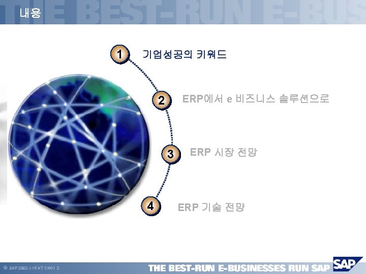 내용 1 기업성공의 키워드 ERP에서 e 비즈니스 솔루션으로 2 3 4 ã SAP AG