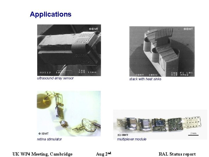 Applications ©IBMT ultrasound array sensor ©IBMT stack with heat sinks © IBMT retina stimulator Applications ©IBMT ultrasound array sensor ©IBMT stack with heat sinks © IBMT retina stimulator