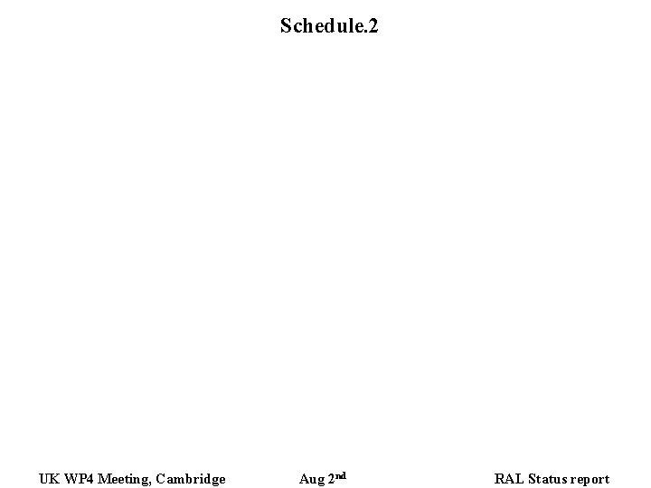 Schedule. 2 UK WP 4 Meeting, Cambridge Aug 2 nd RAL Status report Schedule. 2 UK WP 4 Meeting, Cambridge Aug 2 nd RAL Status report