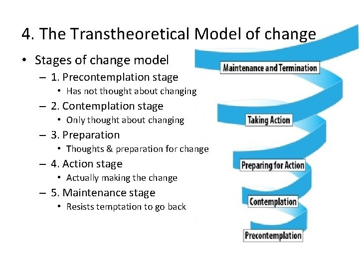 4. The Transtheoretical Model of change • Stages of change model – 1. Precontemplation