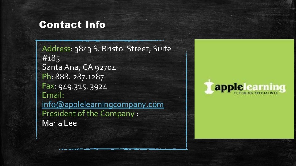 Contact Info Address: 3843 S. Bristol Street, Suite #185 Santa Ana, CA 92704 Ph: