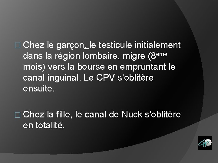 � Chez le garçon, le testicule initialement dans la région lombaire, migre (8ème mois)