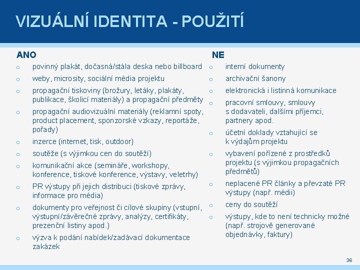 VIZUÁLNÍ IDENTITA - POUŽITÍ ANO NE o povinný plakát, dočasná/stála deska nebo billboard o