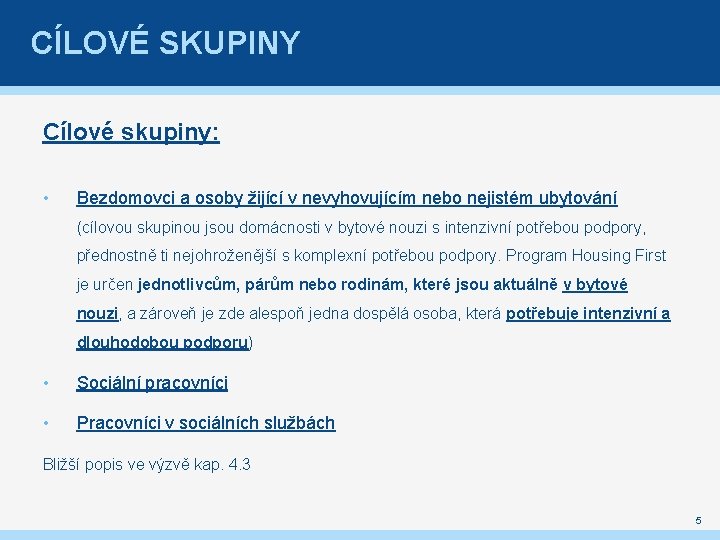 CÍLOVÉ SKUPINY Cílové skupiny: • Bezdomovci a osoby žijící v nevyhovujícím nebo nejistém ubytování