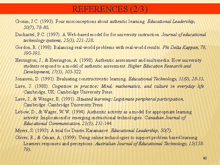 REFERENCES (2/3) Cronin, J. C. (1993). Four misconceptions about authentic learning. Educational Leadership, 50(7),