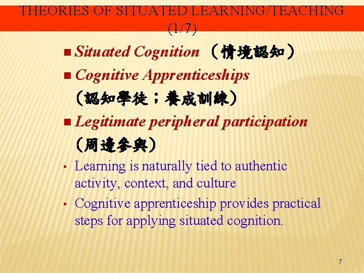 THEORIES OF SITUATED LEARNING/TEACHING (1/7) n Situated Cognition （情境認知） n Cognitive Apprenticeships (認知學徒；養成訓練) n