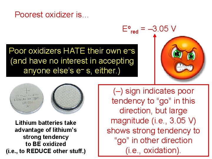 Poorest oxidizer is… Li. Li+(aq) + e– Li(s) Eored = – 3. 05 V Poorest oxidizer is… Li. Li+(aq) + e– Li(s) Eored = – 3. 05 V