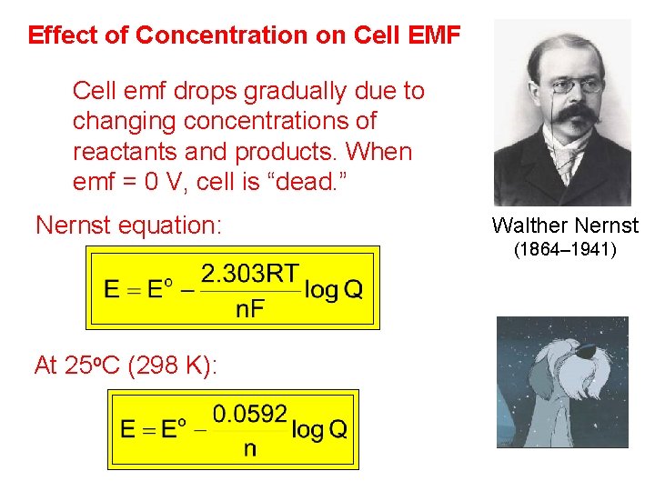 Effect of Concentration on Cell EMF Cell emf drops gradually due to changing concentrations Effect of Concentration on Cell EMF Cell emf drops gradually due to changing concentrations