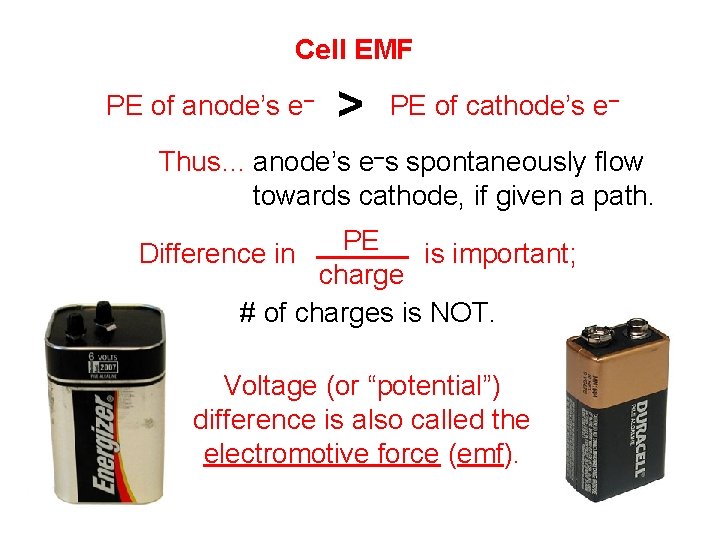 Cell EMF PE of anode’s e– > PE of cathode’s e– Thus… anode’s e–s Cell EMF PE of anode’s e– > PE of cathode’s e– Thus… anode’s e–s