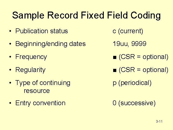 Sample Record Fixed Field Coding • Publication status c (current) • Beginning/ending dates 19