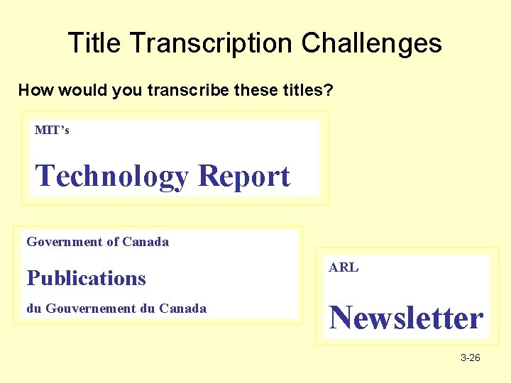 Title Transcription Challenges How would you transcribe these titles? MIT’s Technology Report Government of