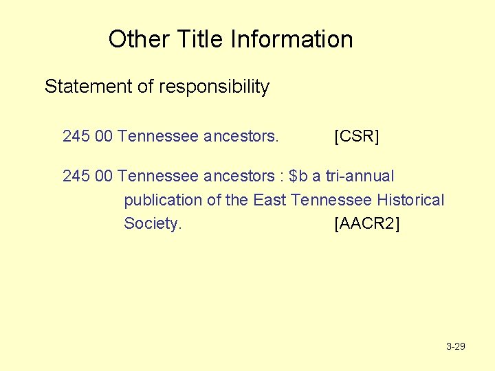 Other Title Information Statement of responsibility 245 00 Tennessee ancestors. [CSR] 245 00 Tennessee