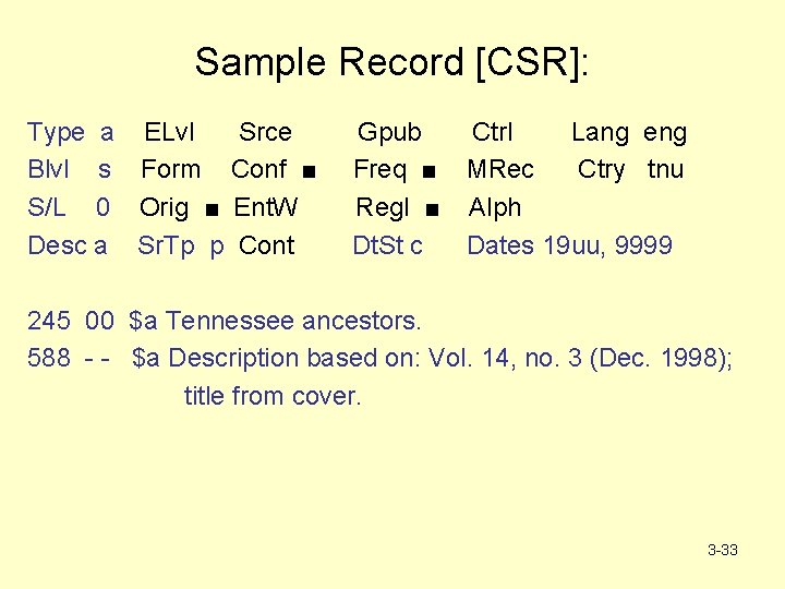 Sample Record [CSR]: Type a ELvl Srce Blvl s Form Conf ■ S/L 0