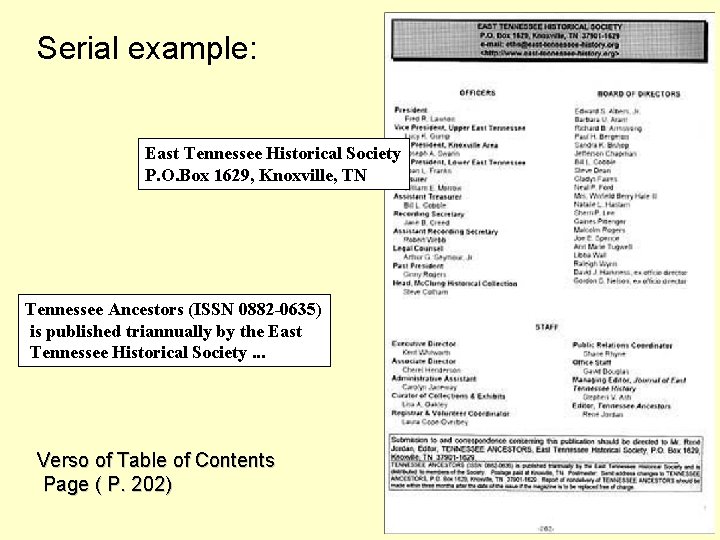 Serial example: East Tennessee Historical Society P. O. Box 1629, Knoxville, TN Tennessee Ancestors