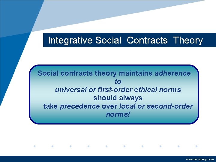 Integrative Social Contracts Theory Social contracts theory maintains adherence to universal or first-order ethical