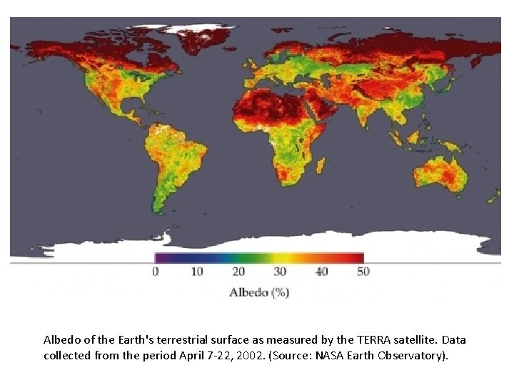 Albedo of the Earth's terrestrial surface as measured by the TERRA satellite. Data collected