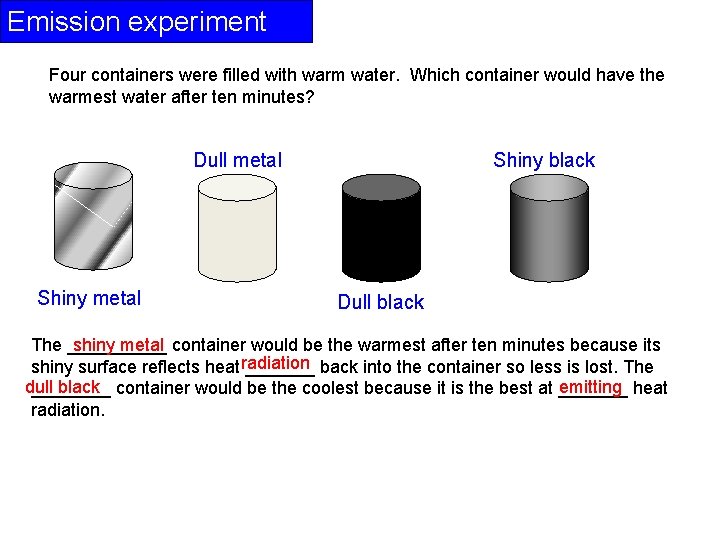 Emission experiment Four containers were filled with warm water. Which container would have the