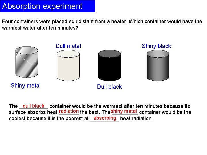 Absorption experiment Four containers were placed equidistant from a heater. Which container would have