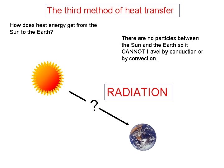 The third method of heat transfer How does heat energy get from the Sun