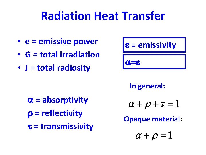 Radiation Heat Transfer • e = emissive power • G = total irradiation •