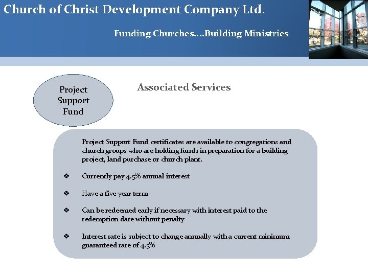 Church of Christ Development Company Ltd. Funding Churches. . Building Ministries Project Support Fund
