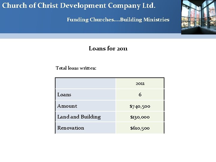 Church of Christ Development Company Ltd. Funding Churches. . Building Ministries Loans for 2011