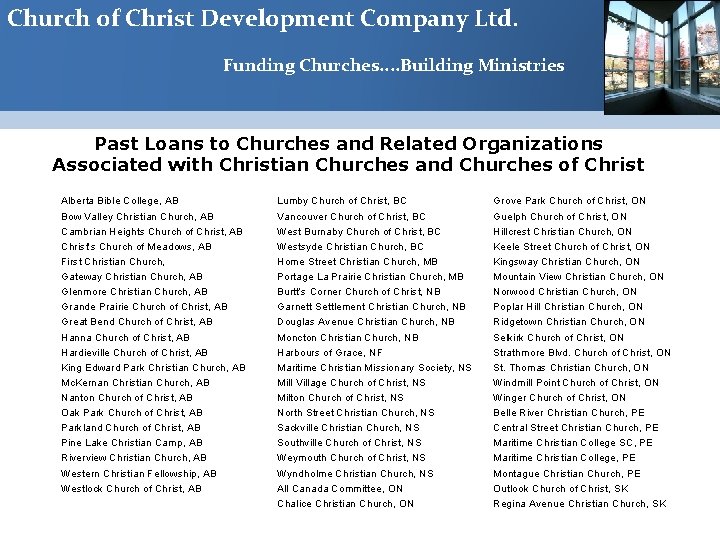 Church of Christ Development Company Ltd. Funding Churches. . Building Ministries Past Loans to