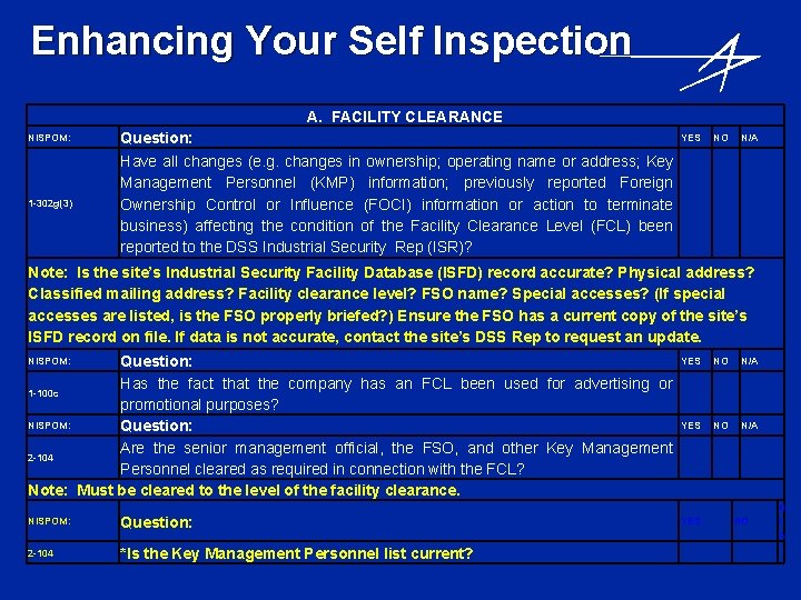 Enhancing Your Self Inspection A. FACILITY CLEARANCE NISPOM: 1 -302 g(3) Question: Have all