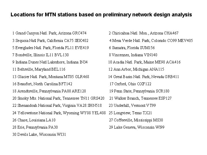 Locations for MTN stations based on preliminary network design analysis 1 Grand Canyon Natl.