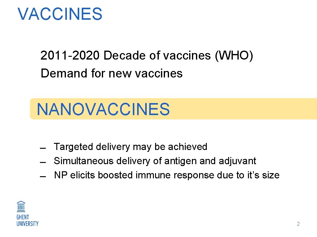 VACCINES 2011 -2020 Decade of vaccines (WHO) Demand for new vaccines NANOVACCINES Targeted delivery
